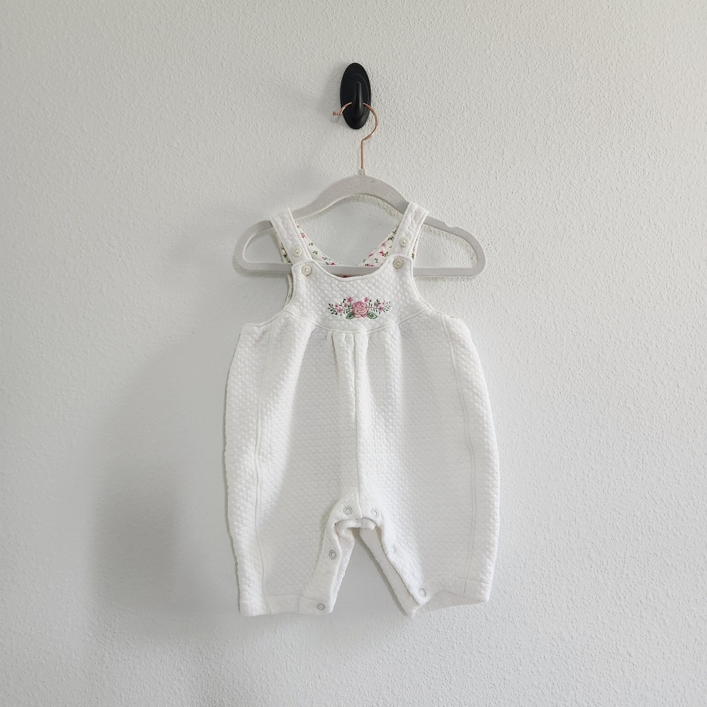 White Quilted Floral Embroidered Baby Romper Overalls size 3 Months